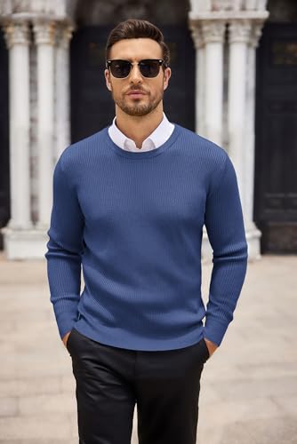 COOFANDY Mens Knitted Jumper Crew Neck Sweater Basic Narrow Stripes Knitting Shirt Long Sleeve Ribbed Jumpers Regular Fit Classic - Image 3