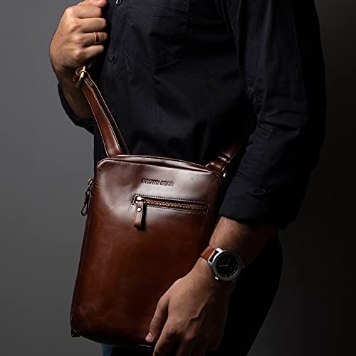 Image of BROWN BEAR 12 inch Geniune Italian Leather Sling Crossbody Messenger Bag for Men & Suitable for Mobile, iPad, Notepad and Other Small Accessories
