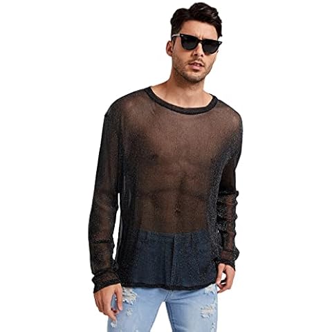DIDK Men's Long Sleeve Round Neck Sheer Mesh Tee Shirt See Through Party Clubwear Top Black L Cover