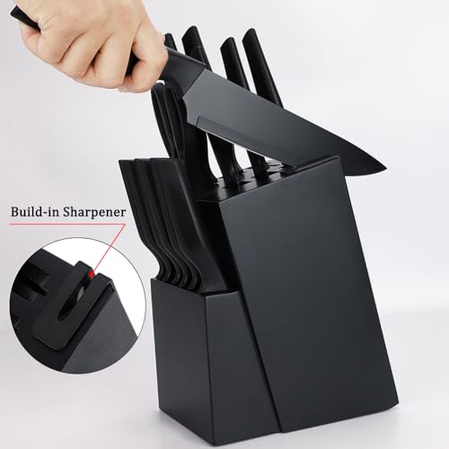 Knife Set, 14Pcs Kitchen Knife Set with Block Self Sharpening, High Carbon Stainless Steel Ultra Sharp Knives for Kitchen, 6 Steak Knives, Anti-slip Handle, Black, Elegant Gifts (Black) - image 3