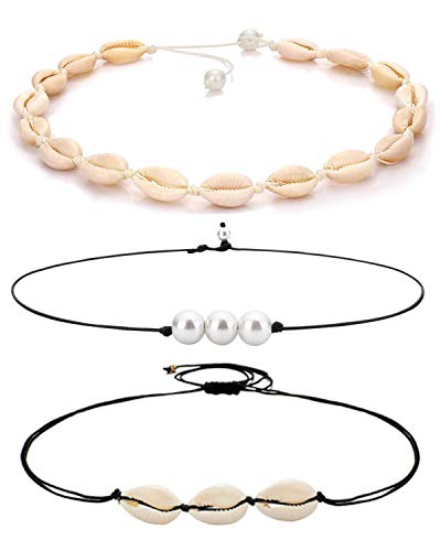ATIMIGO Natural Cowrie Shell Choker Handmade Rope Pearl Hawaii Beach Necklace Set Jewelry for Women Girls