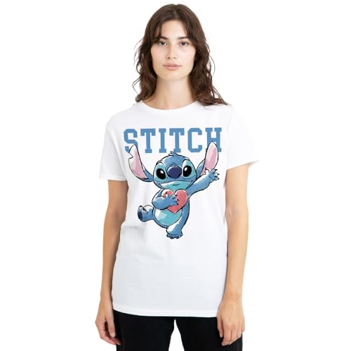 Lilo and Stitch Lilo Stitch Clutching Hearts Ladies T Shirt, White, Blanc, M Femme