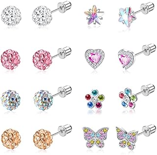 MILACOLATO 8 Pairs Earrings For Girls Hypoallergenic 316L Stainless Steel Stud Kids Earrings Screw Back Ball CZ Heart Butterfly Flower Stud Earrings Set Cartilage Piercing Teens Childrens Jewelry
