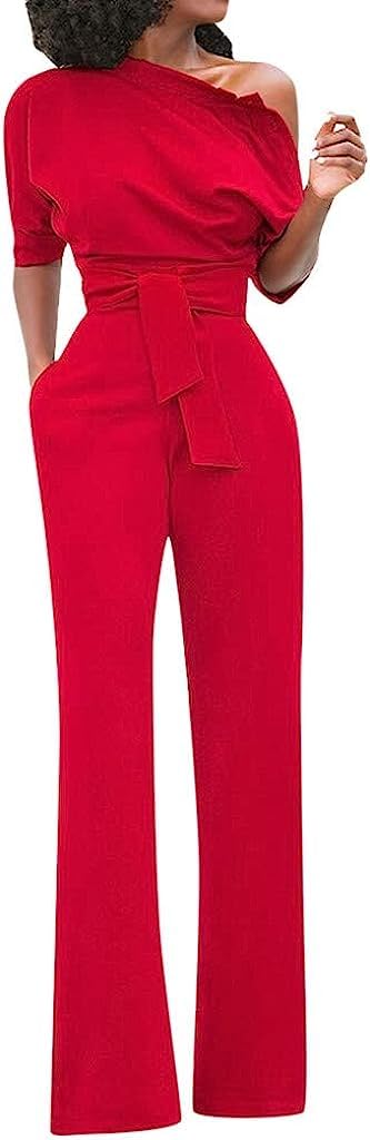 Vagbalena Mono Elegante de Mujer Mono de Moda de Un Hombro Mono Largo Delgado Mono Casual Mono Suelto con Bolsillos Pantalón Plano con Tirantes en la Espalda