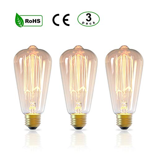 3Pack E27 Bombilla Vintage Edison 40W ST64 Retro Decorativa Regulable Bombillas Incandescente de Filamento de Tungsteno 2300K ámbar Vidrio para Lluminación Decoración Casa Restaurante Bar Café Tienda