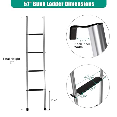 Image of 57 inch RV Bunk Ladder, 4 Step Integrated Aluminum Camper Bunk Bed Ladder with Anti-Slip Rubber Foot Pads, Sliver