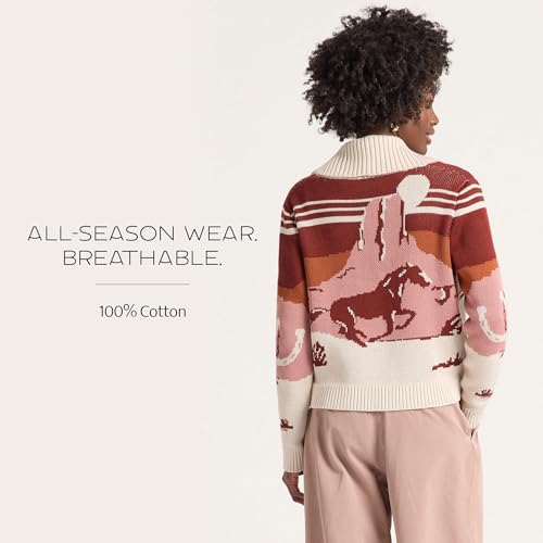 Pendleton Women’s Western Scenic Cardigan - 100% Cotton Knit Sweater Jacket, Ribbed Collar, Washable - Brick/Rose Multi3