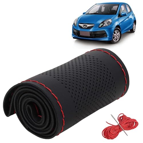 Image of KINGSWAY PU Leatherite Car Steering Cover Sewable Compatible with Honda Brio (Year 2011-2019), Black Color with Red Thread, Pack of 1 with Sewing Needle and Thread