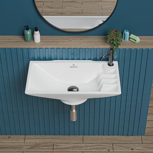 Image of REMOTION Ceramic Wall Hung Corner Wash Basin for Bathroom | Wall Mounted Corner Sink for Small Bathrooms & Powder Rooms | Space-Saving, Durable & Stylish Design (16 x 9 x 5 Inch)