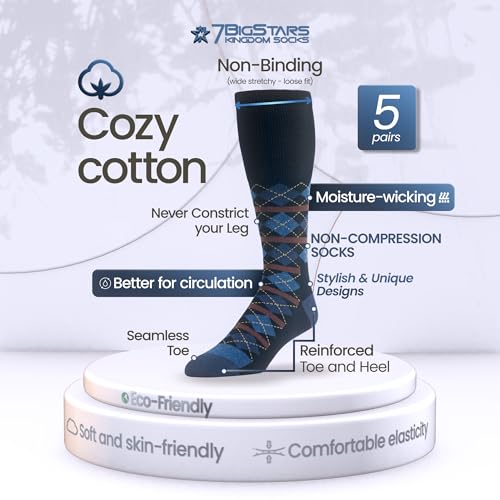 7BigStars Men Diabetic Loose Dress Business Cotton Mid Calf Socks - 5 Pack Big Tall - Geometric, Argyle, Stripe - Sock Size 13-15 Shoe Size 12-15 XL Dark Navy, Denim Blue2