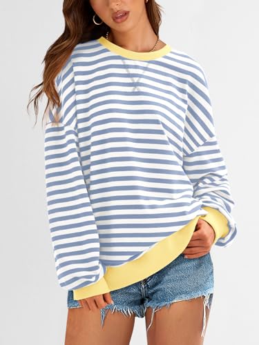 Image of PRETTYGARDEN Womens Striped Oversized Sweatshirt Color Block Crew Neck Long Sleeve Casual Loose Pullover Top Y2K Clothes