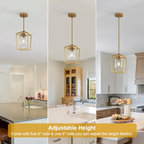 Image of 3 Pack Gold Pendant Lights, Modern Farmhouse Kitchen Pendant Lighting Over Island, Metal Cage Hanging Lights with Clear Glass Shade for Kitchen Island, Dining Room, Entryway, Hallway