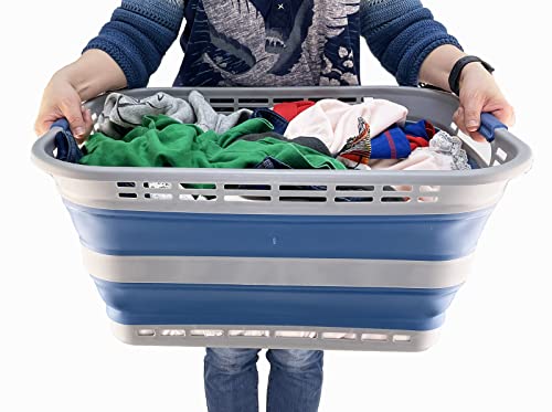 Image of SAMMART 42L (11 gallons) Collapsible Plastic Laundry Basket - Portable Pop Up Storage Container /Organizer - Portable Hamper - Space Saving Easy Storage (Grey /Mist Blue)