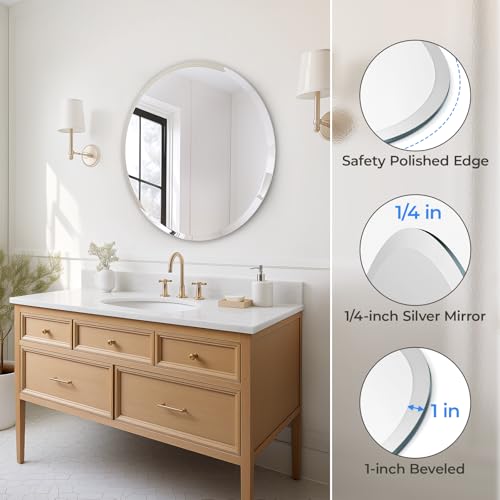 Image of Frameless Round Bathroom Mirror 24 inch | Circle Vanity Mirror for Wall Decor, with Beveled Edge, for Bathroom, Living Room, Entryway, Modern & Elegant Look