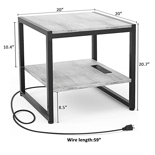 Homieasy End Table With Charging Station, 20 Inch Square Side Table With Usb Ports & Power Outlets, Grey Nightstand With 2-Tier Storage Shelf, Mini Fridge Stand For Small Spaces, Light Oak #TOP2