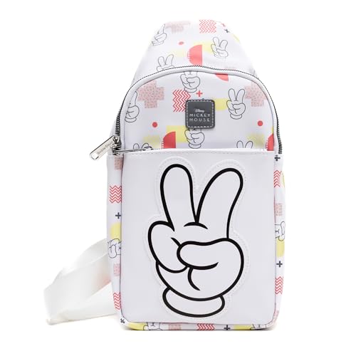 Disney Vegan Leather Crossbody Sling Bag, Mickey Mouse Peace Fingers Applique and Icons Collage, White, 7