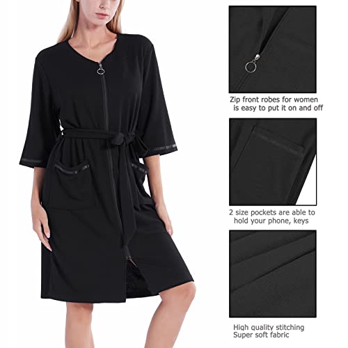 Women Zipper Robe Half Sleeve Housecoat Cotton Waffle Knit Robe Zip Up Bathrobes Short Nightgown Loungewear With Pockets #TOP5