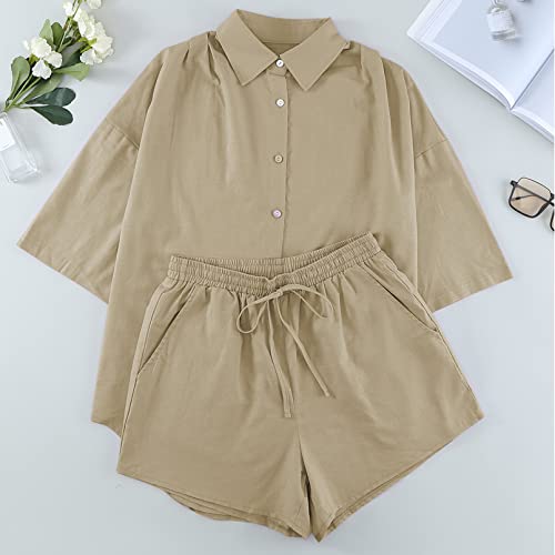 Image of Fixmatti Women 2 Piece Outfits Long Sleeve Button Down Blouse and Shorts Sweatsuit Sets