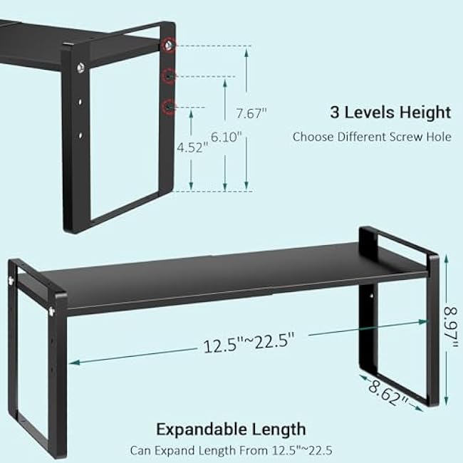 2 Pack Expandable Kitchen Cabinet Organizer Shelves, Stackable Heavy Duty Metal Small Storage Shelf, Adjustable Counter Shelf for Cupboard, Pantry & Under Sink Space Saver, Patent Pending
