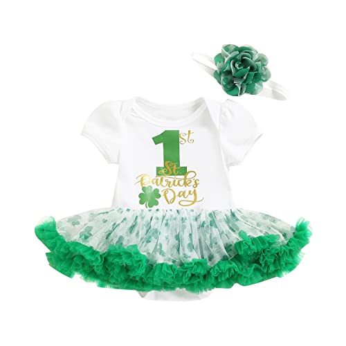Image of Newborn Baby Girl My 1st St. Patrick's Day Outfit Short Sleeve Letter Tutu Romper Dress Headband 2Pcs Set
