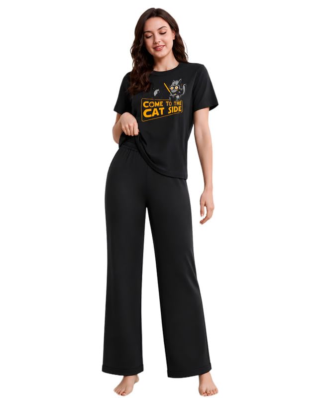 elvia Women's Pure Cotton Top and Pyjama Co-Ord Set | Printed Night Suit | Regular Fit Half Sleeve Round Neck T-Shirt with Pajama Loungewear Sleepwear Set for Women (Black, XL)-picture-34