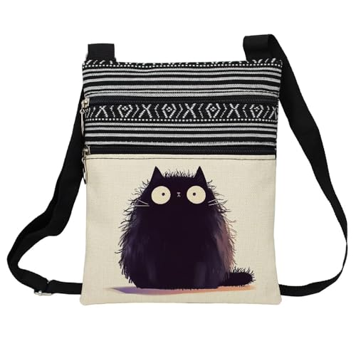 Fluffy Black Cat Messenger Bag Small Ethnic Pattern Printed Adjustable Strap Crossbody Zipper Bag Fluffy Black Cat Phone Bag Wallet Cute Shoulder Handbag for Women Friends -7