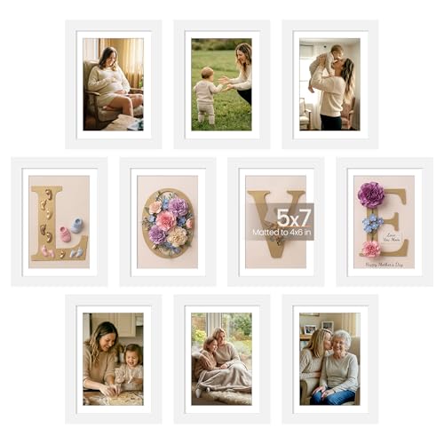 upsimples 5x7 Picture Frame Set of 10, Display Pictures 4x6 with Mat or 5x7 Without, Multi Photo Frames Collage for Wall or Tabletop Display, White