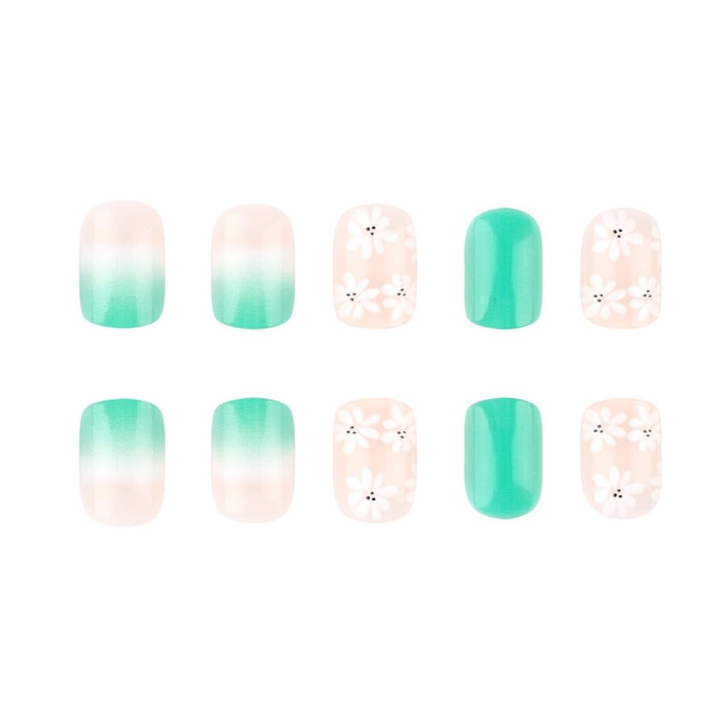 24 Pcs Flowers Stick on Nails Gradients Artificial Nails Short Square False Nails Simple for Woman