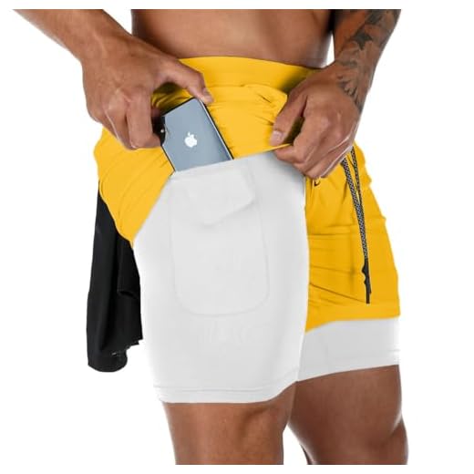 Bermuda Esportiva Masculina Ajustável 2x1 Short Para Treino Crossfit Academia Corrida Calção Térmico Com Compressão E Bolso Oculto (BR, Alfa, GG, Regular, Regular, AMARELO)