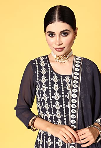 Image of LYMI LABEL Kurta Set For Women - Georgette Chikankari Sequence Straight Kurta With Bottom Set with Matching Dupatta for Ethnic, Fusion Wear