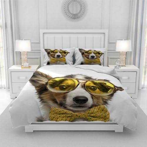 Leleyouzer Hund Bettwäsche Set, Hundemuster Bettwäsche für Jungen Mädchen Teenager, 1pc Mikrofaser Bettbezug mit Reißverschluss und 2pc Kissenbezug 50 x 75cm (D3, 135×200 cm)