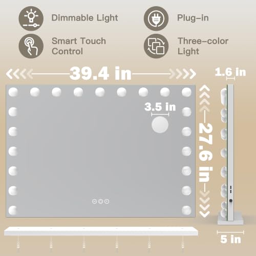 Image of ROLOVE 39.4 inch x 27.6 inch Extra Large Hollywood Vanity Mirror with Lights, 3 Color Lighting Modes, 10X Magnifying Mirror, Touch Control, Tabletop or Wall Mounted Makeup Mirror, White