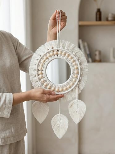 Image of JH Gallery Macrame Wall Decor Mirror - Round Cotton Rope Boho Hanging with Fringe & Beads for Stylish Home Decor, Macrame Wall Mirror for Bedroom, Living Room and Office Decor.(White)