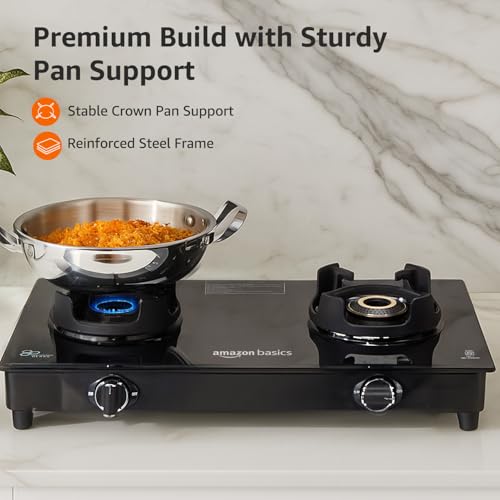 Image of Amazon Basics 2 Burner Glass Top Gas Stove - Auto Ignition, 5G Brass Burners, Crown Pan Supports, ISI Approved, Toughed Glass Top, Anti Skid Legs - Black