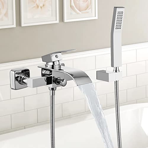 Hottest Sale Wall Mount Bathtub Faucet Polish Chrome with Handheld Spray Waterfall Tub Faucet Single Handle Bathroom Tub Mixer Tap Hand-Shower System with Curved Spout Commercial