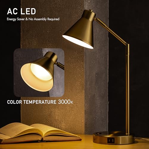 Image of O'Bright Astrum - LED Desk Lamp with Dual USB Charging Ports, 100% Metal, 270 Degree Swivel Arms, Soft White Light (3000K), Bedside & Home Office Table Lamp, ETL Listed, Antique Brass Finish