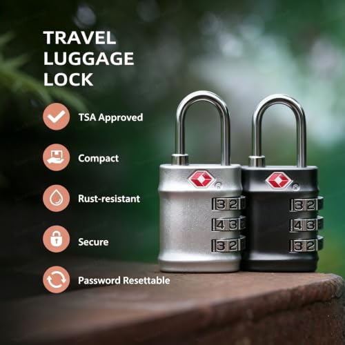 Image of Sunkizzrs Set of 2 Metal Luggage Locks for Travel | TSA Approved 3-Digit Combination Lock for Suitcases, Backpacks, Baggage (Silver + Black)