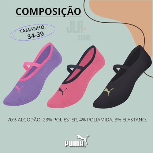 PUMA Kit 3 Pares Meia Sapatilha Antiderrapante Pilates Feminino Adulto, 1 Preto. - 1 Rosa. - 1 Roxo.