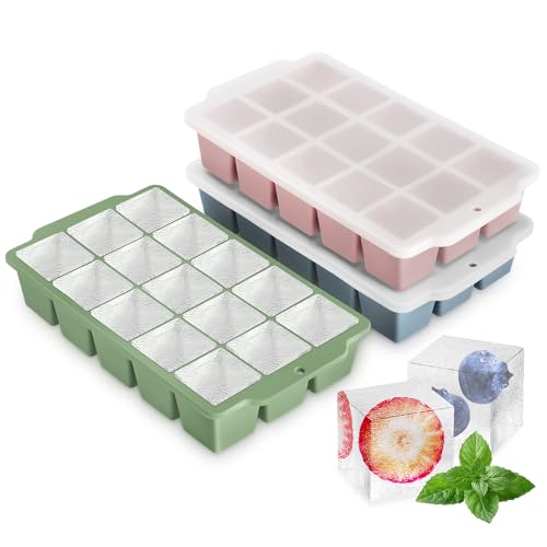 3 Pack Silicone Ice Cube Trays, Easy Release 45 Square Ice Trays for Cocktail Whisky, Stackable Ice Cube Maker for Freezer with Leak Proof Removable Lid