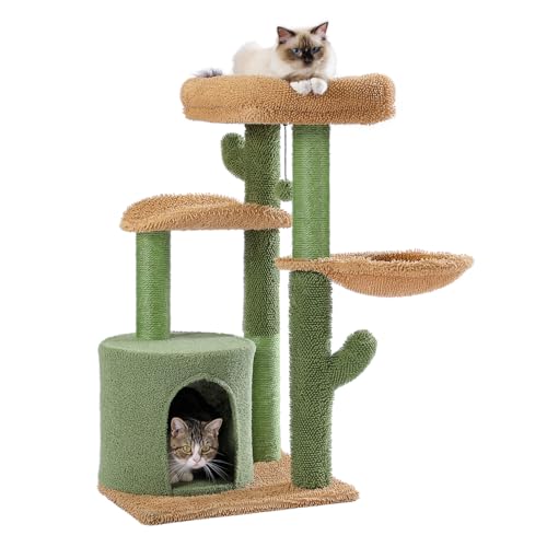 MUTTROS Cactus Cat Tree, Multi-Level Cat Tower with Large Metal Carpet Hammock, Cat Scratching Post for Indoor Cats with Condo & Replaceable Toy Ball, Green