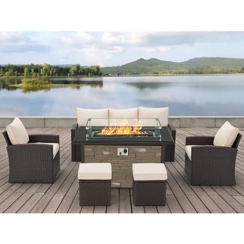 Vicluke 7 Piece Patio Furniture Set with Propane Fire Pit Table,Rattan Sofa Table Patio Conversation Set 50,000 BTU Faux Ledge-Stone Fire Table w/CSA Certification, Wind Guard for Outdoor(Beige-Gray) Cover