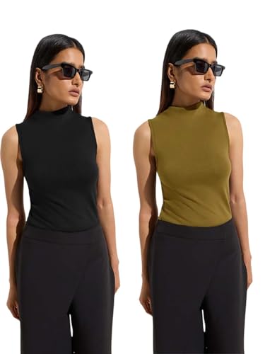 Image of KOTTY Women's Sleeveless High Neck Ribbed Tank Top Combo Pack of 2 Stylish Casual & Office Wear Tops