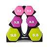 Amazon-Basics-Neoprene-Coated-Dumbbell-Hand-Weight-Set Amazon Basics Neoprene Coated Hexagon Workout Dumbbell Color Coded Hand Weight with Storage Rack, 20 Pounds (3 Pairs set of 2, 3, and 5 Pounds), Multicolor
