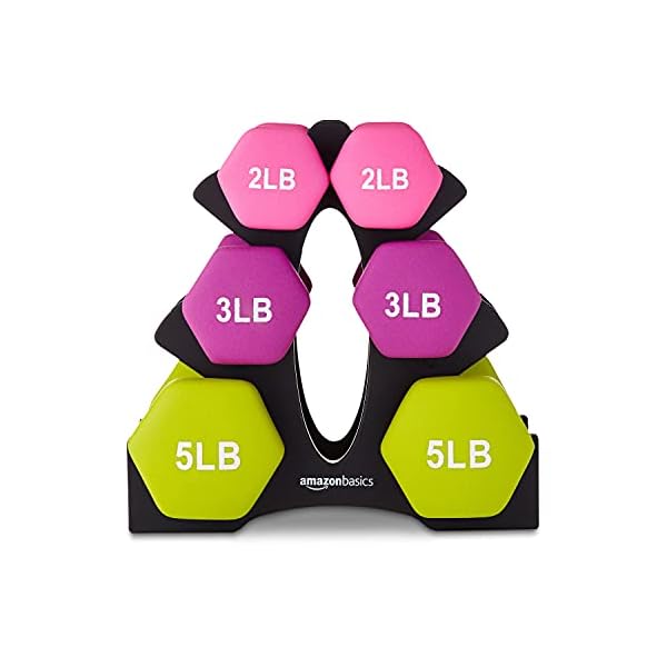 Amazon-Basics-Neoprene-Coated-Dumbbell-Hand-Weight-Set Amazon Basics Neoprene Coated Hexagon Workout Dumbbell Color Coded Hand Weight with Storage Rack, 20 Pounds (3 Pairs set of 2, 3, and 5 Pounds), Multicolor
