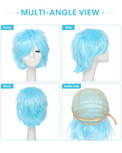 Image of Rose bud Anime Halloween Aqua Blue Wig for Cosplay Party Synthetic Layered Short Hair Wigs with Bangs Pastel Funny Wigs for Women Men