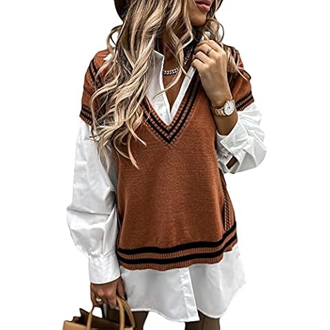 Reukree Womens Oversized Sleeveless Knitted Sweater Vest Vintage V Neck Loose Pullover Tops Short Sleeve Cinnamon Small Cover