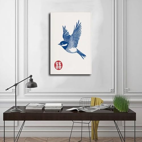 Impression sur toile oiseau bleu japonais pour habiller un mur vide de chambre ou de salon - 3