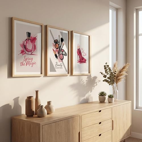 Image of NoWorries inchPink Fashion Wall Art Framed Painting Set of 3 | Perfume Bottle, Makeup Essentials & High Heel Illustration Posters with Frame | Glam Beauty Decor Frames for Bedroom, Vanity, Salon, Girls Room | Modern Chic Framed Wall Art (Art-17, 10x13inch, Wooden)