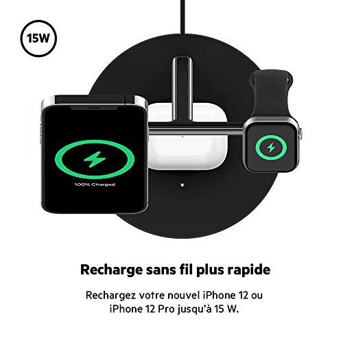 Belkin station de recharge BoostCharge Pro avec MagSafe, chargeur sans fil 3-en-1 pour iPhone 15 / 14 / 13 / 12 + Apple Watch + AirPods, recharge aimantée jusqu’à 15 W pour les modèles d’iPhone 15
