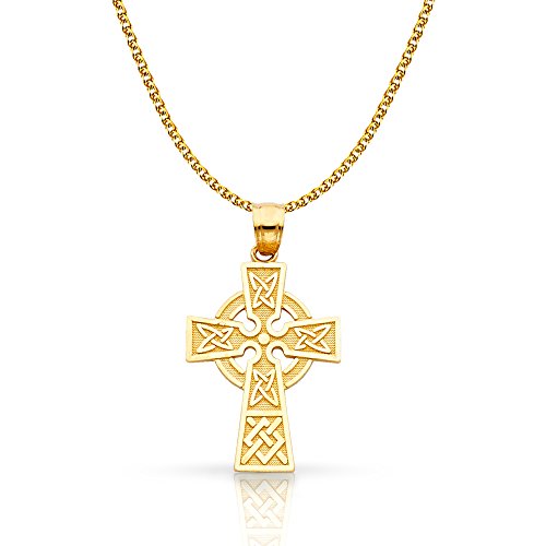 14K Yellow Gold Celtic Cross Pendant with 1.4mm Flat Open Wheat Chain Chain Necklace
